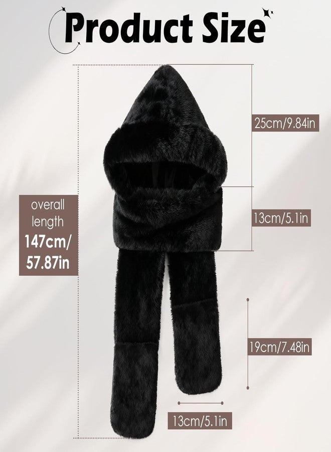 Premillow Winter Hat Scarf Gloves Set for Women, Warm 3-in-1 Hooded Scarf Hat Gloves Set with Pocket Mitts Stylish Cute Faux Fur Hats for Adults, Black - Image 4